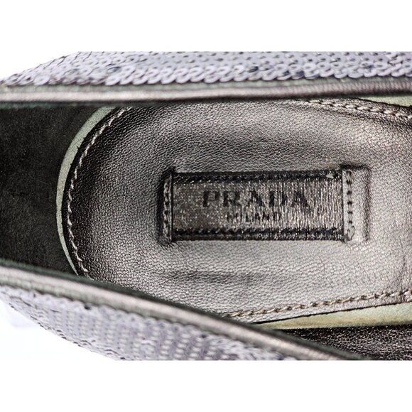 Prada Women's Silver Sequin Embellished High Heel Pumps Peep Toe Sz 9 (39.5) 374 - Picture 12 of 16